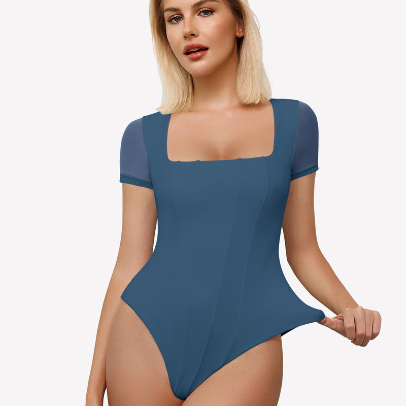 Teal square neck mesh bodysuit with short sleeves, perfect for date night or going out ensemble