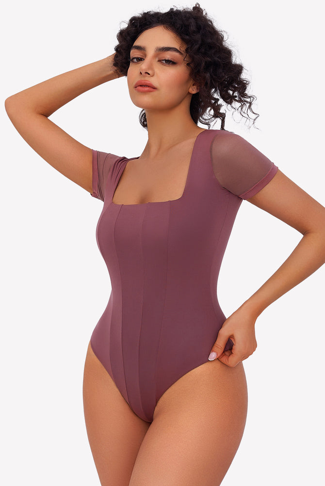 Mauve square neck mesh bodysuit with short sleeves, perfect for date night or going out ensemble