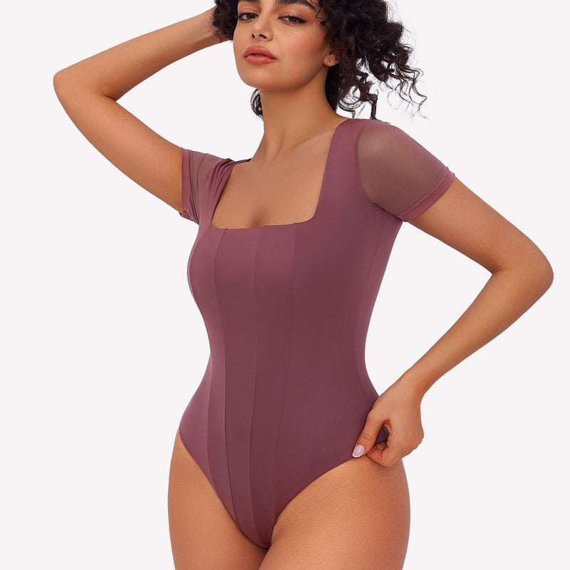 Mauve square neck mesh bodysuit with short sleeves, perfect for date night or going out ensemble