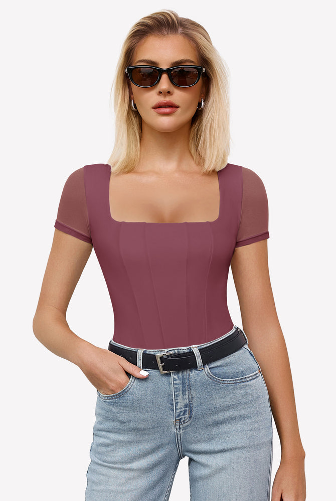 Mauve square neck mesh bodysuit with short sleeves, date night or going out ensemble