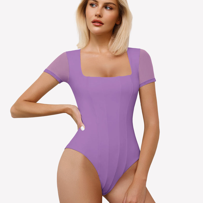 Lavender square neck mesh bodysuit with short sleeves, perfect for date night or going out ensemble.