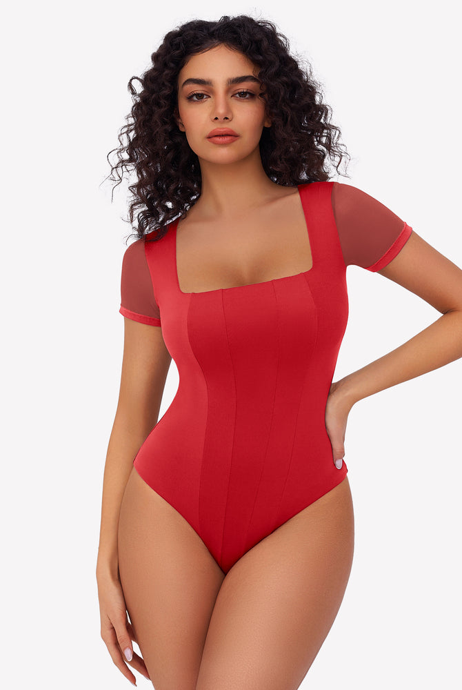 Red square neck mesh bodysuit with short sleeves, perfect for a night out or date night ensemble