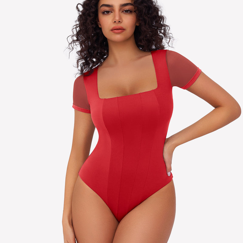 Red square neck mesh bodysuit with short sleeves, perfect for a night out or date night ensemble