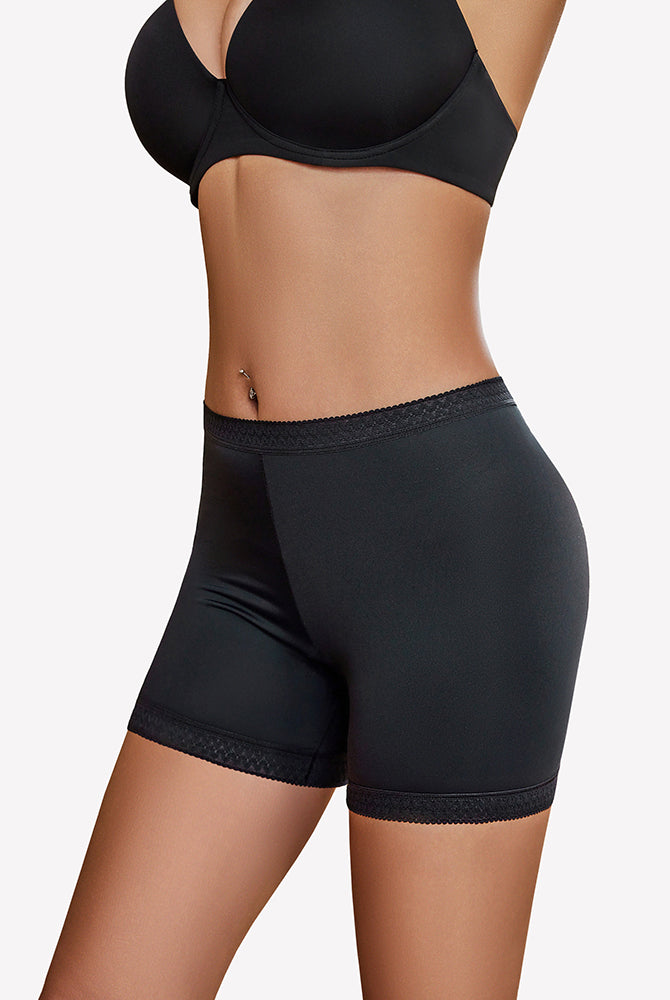 Black seamless boyshorts with lace trim, comfortable and versatile for under dresses and daily wear.