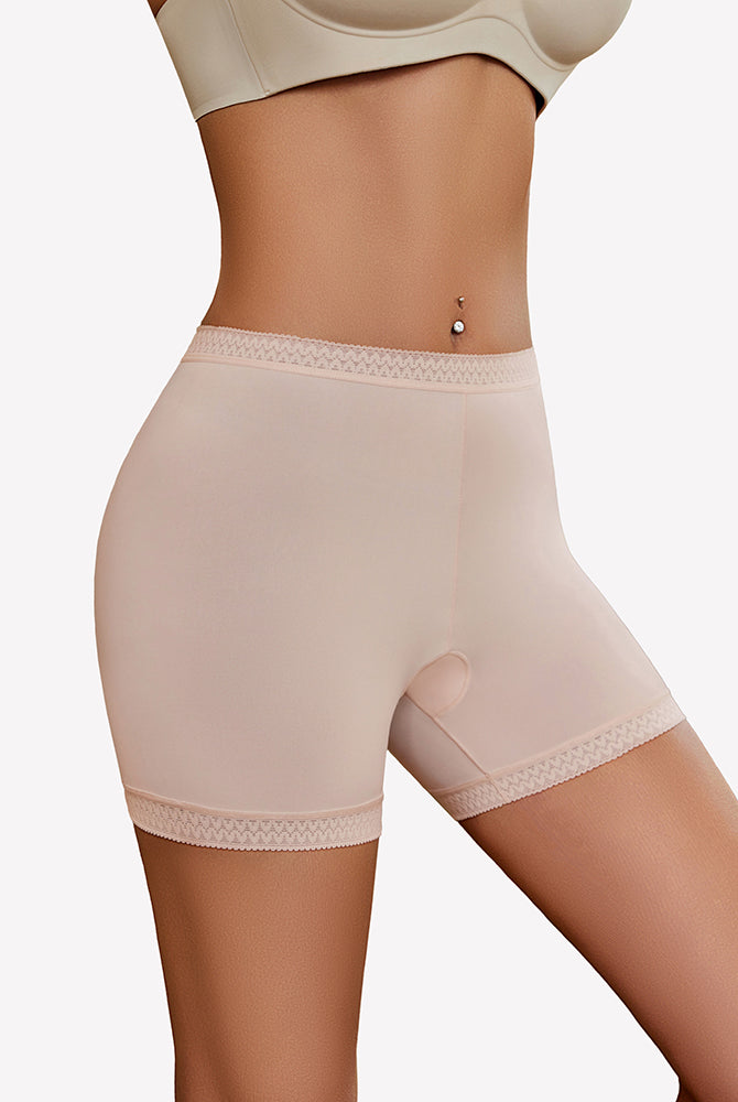 Seamless nude boyshorts panties with lace trim, comfortable and versatile for everyday wear.