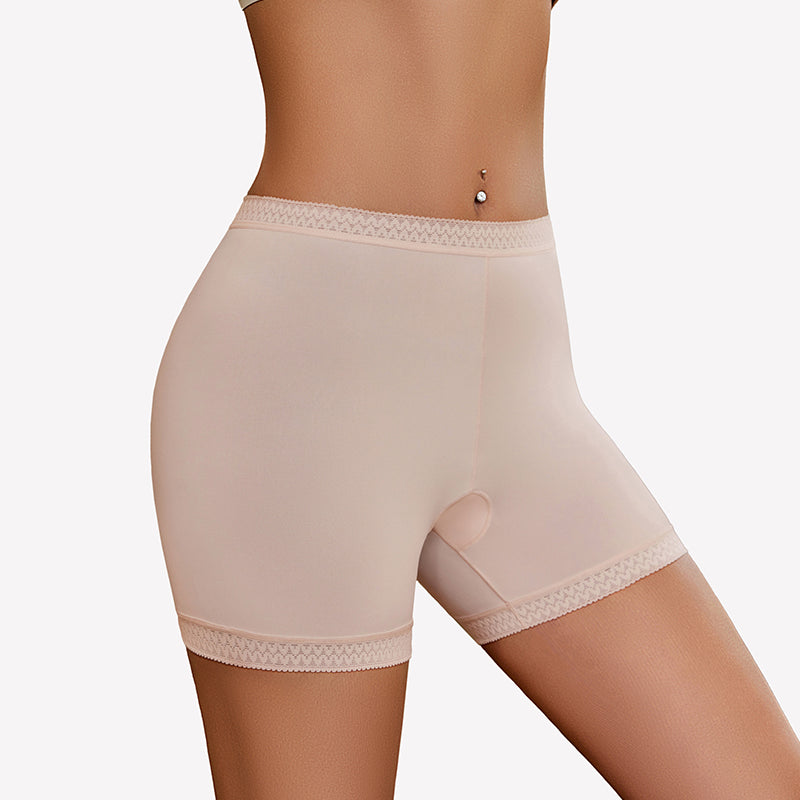 Seamless nude boyshorts panties with lace trim, comfortable and versatile for everyday wear.