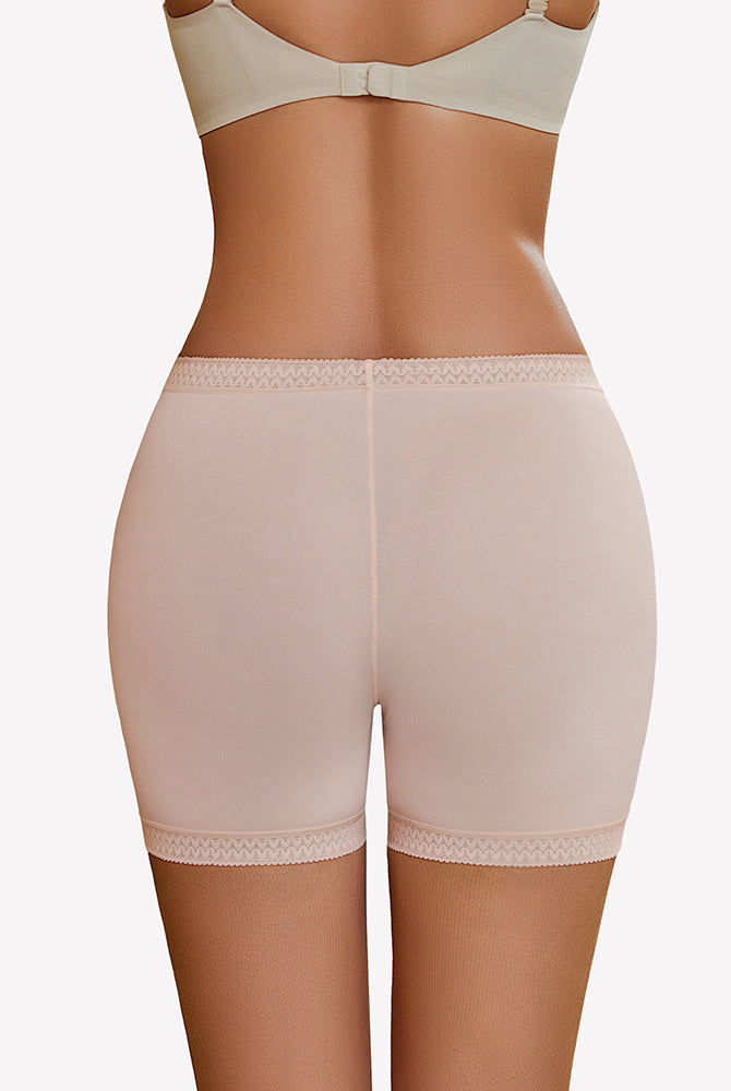 Nude seamless boyshorts with lace trim, perfect for under dresses and everyday wear.