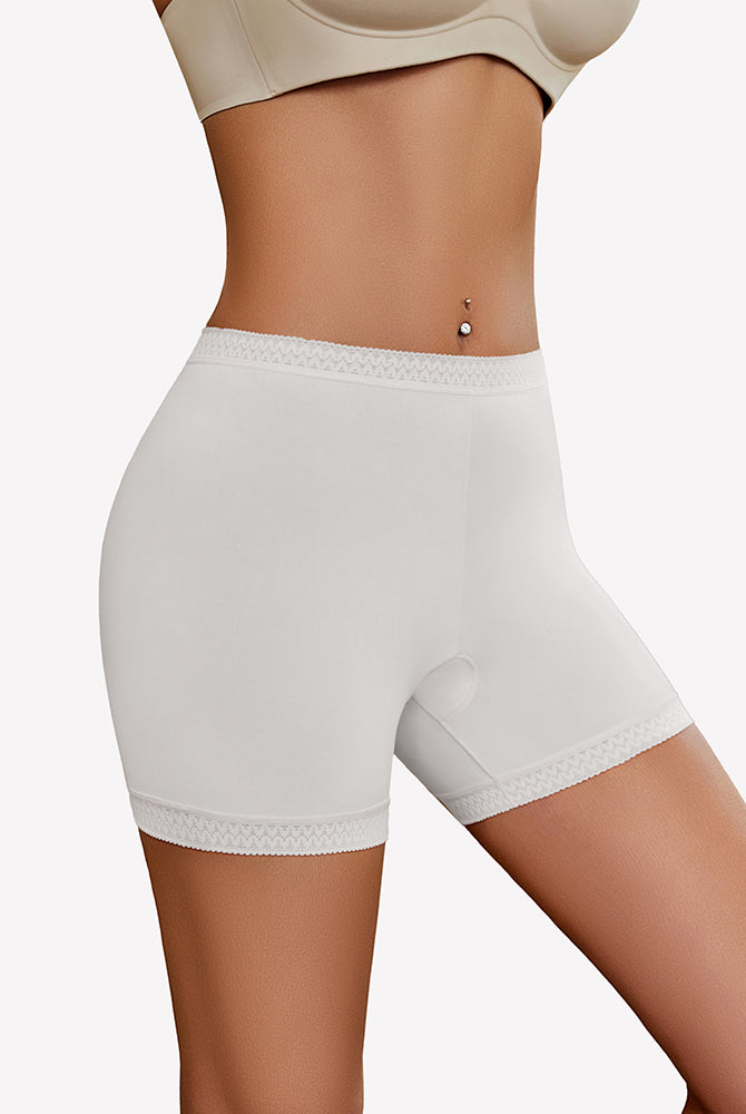 White seamless boyshorts with lace trim, comfortable and versatile for under dresses and daily wear.