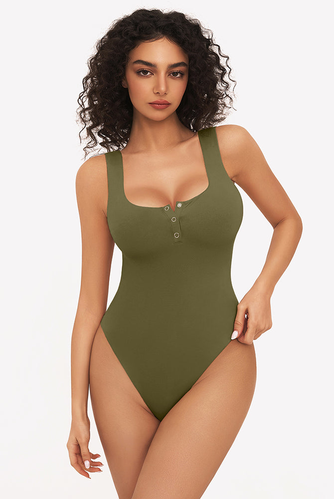 Olive green button down square neck sleeveless bodysuit, perfect for club, party, and daily wear.