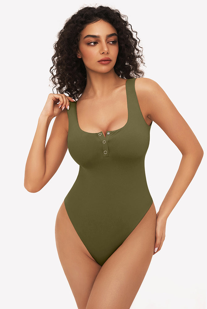 Olive green button down square neck sleeveless bodysuit, ideal for club, party, and daily wear.