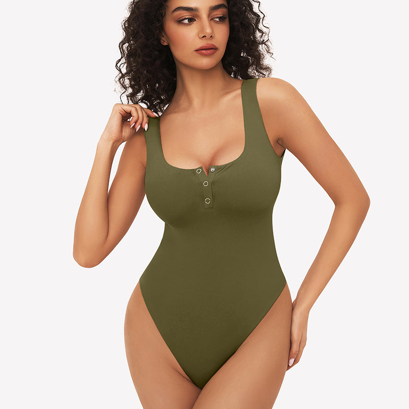 Button Down Square Neck Sleeveless Bodysuit