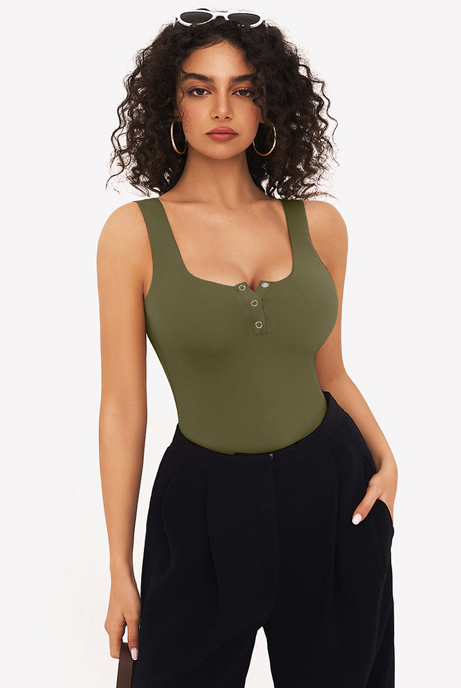 Olive green bodysuit with square neck and button detail, perfect for various occasions.