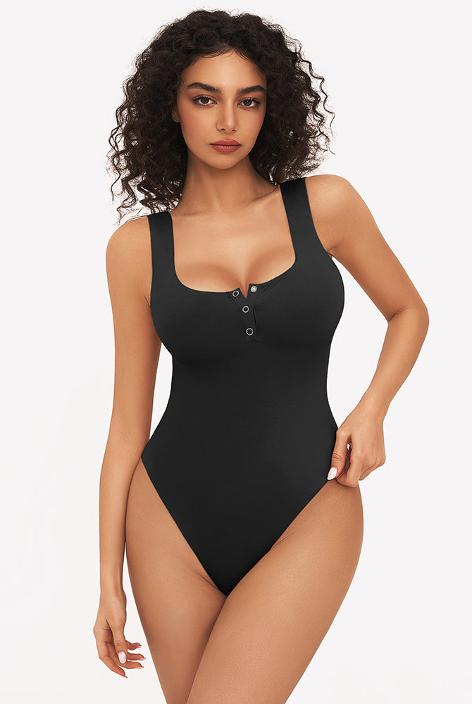 Black square neck sleeveless bodysuit with button detail, perfect for club, party, and daily wear.