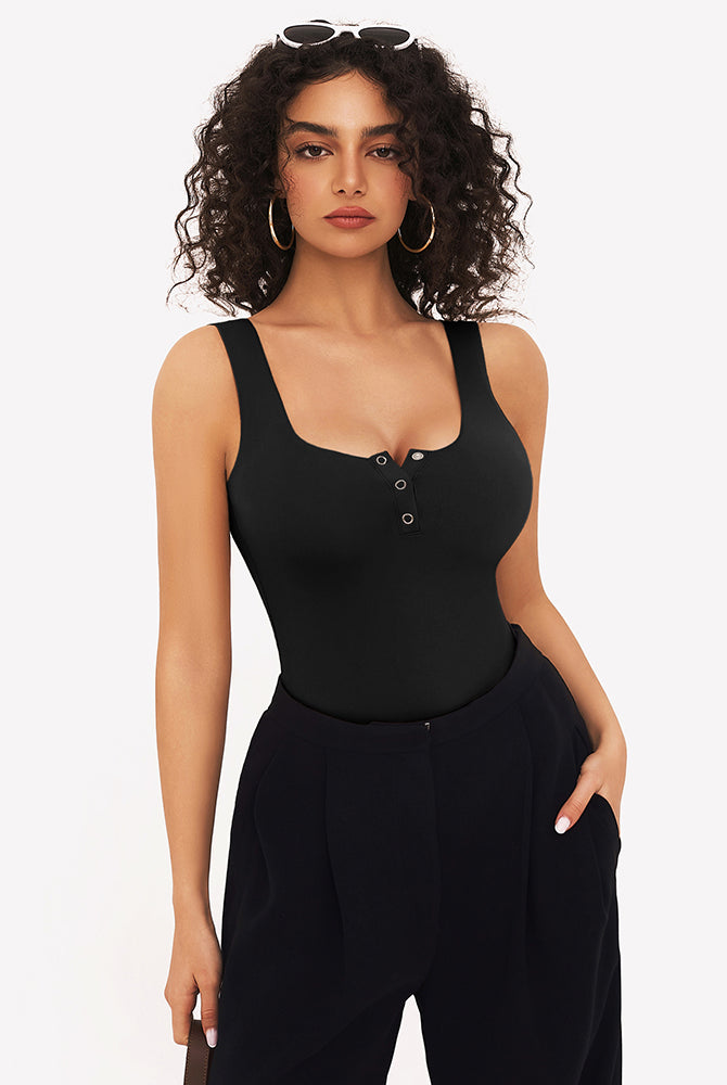 Black button down square neck sleeveless bodysuit, ideal for club, party, and daily wear.