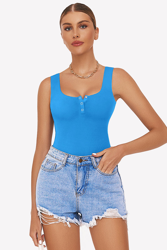 Blue button down square neck sleeveless bodysuit, ideal for club, party, and daily wear.
