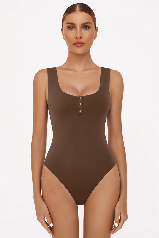 Brown square neck sleeveless bodysuit with button detail, perfect for club, party, and daily wear.