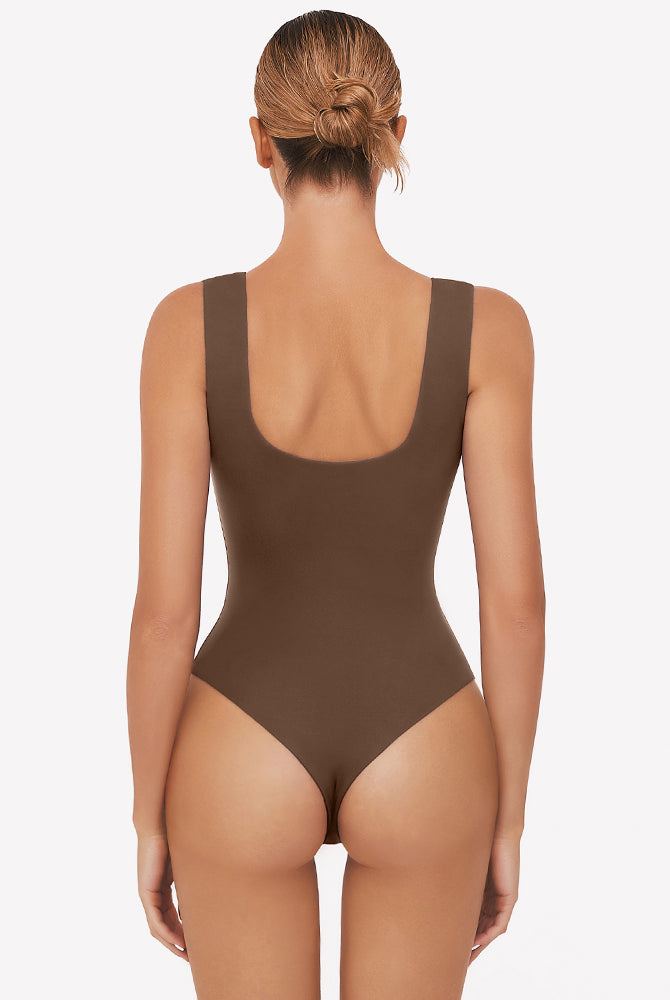 Brown square neck sleeveless bodysuit, perfect for club, party, and daily wear. High-stretch fabric.