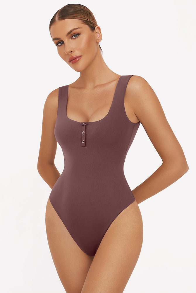 Mauve square neck sleeveless bodysuit with button detail, perfect for club, party, and daily wear.