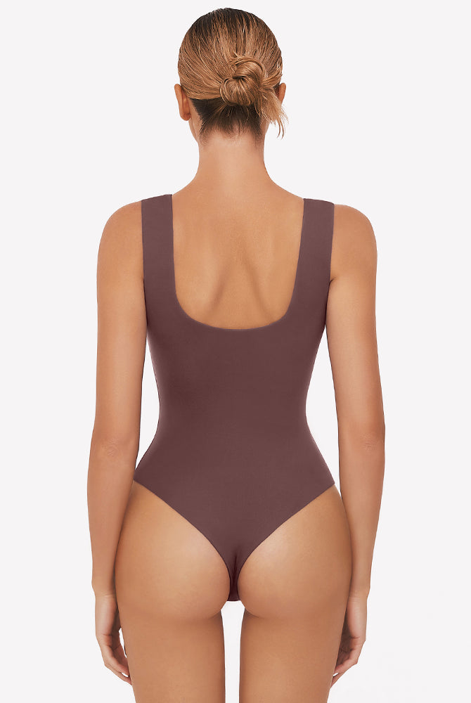 Mauve square neck sleeveless bodysuit, high-stretch fabric, perfect for club, party, and daily wear.