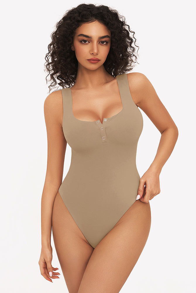 Sleeveless olive green bodysuit with square neck and button detail, perfect for club and party.