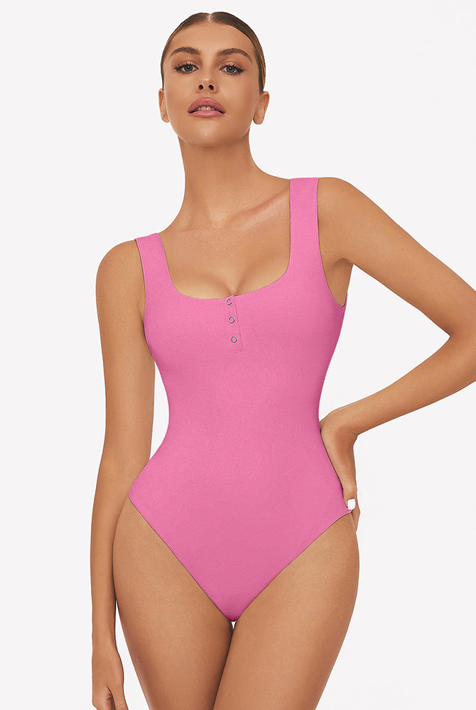 Pink square neck sleeveless bodysuit with button detail, perfect for club, party, and daily wear.