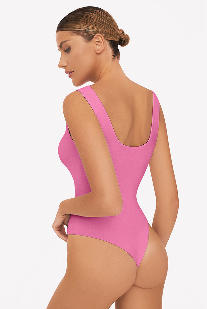 Pink square neck sleeveless bodysuit, perfect for club, party, and daily wear. High-stretch fabric.