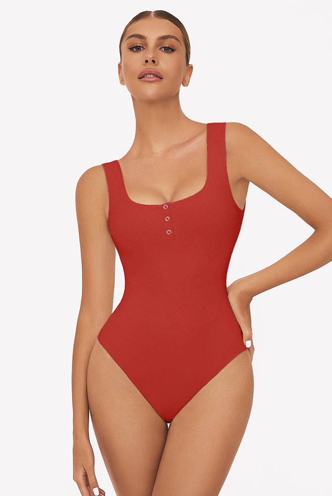 Red square neck sleeveless bodysuit with button detail, perfect for club, party, and daily wear.