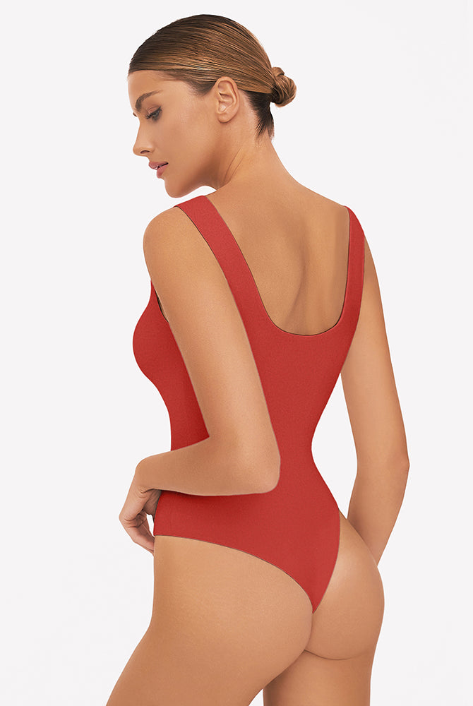 Red square neck sleeveless bodysuit, perfect for club, party, and daily wear. High-stretch fabric.