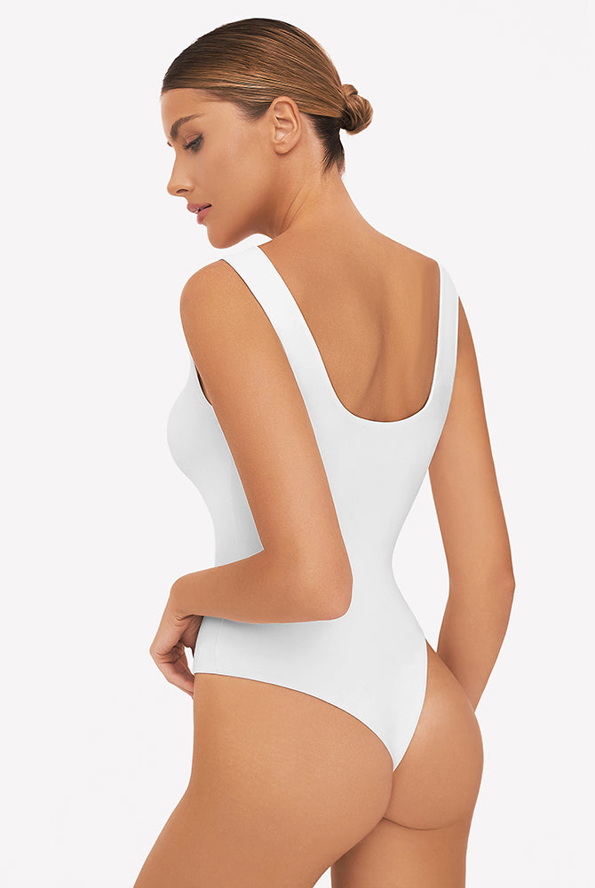 White square neck sleeveless bodysuit, perfect for club, party, and daily wear. High-stretch fabric.