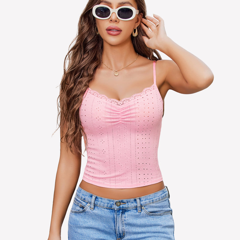 Light pink lace trim crop top with spaghetti straps and light blue jeans, summer outfit.