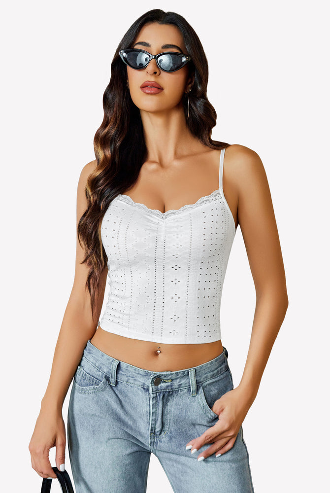 White lace trim crop top with spaghetti straps and jeans, perfect summer outfit, Avidlove lingerie