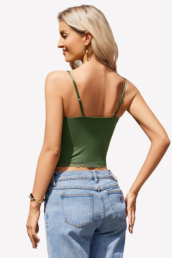 Green lace cami top, y2k style, adjustable straps and lace trim. Casual or night out.