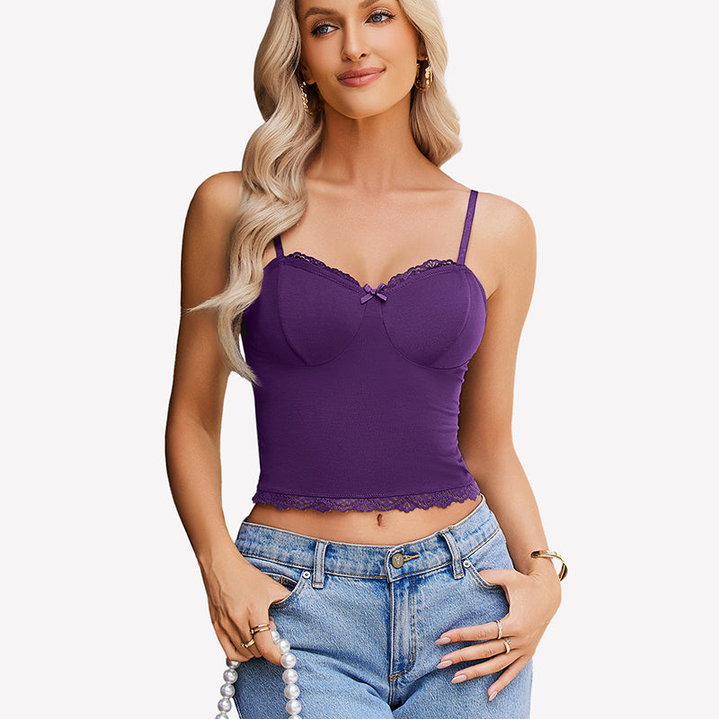 Purple lace cami Y2K top with adjustable straps and lace trim, paired with jeans. Sexy camisole.