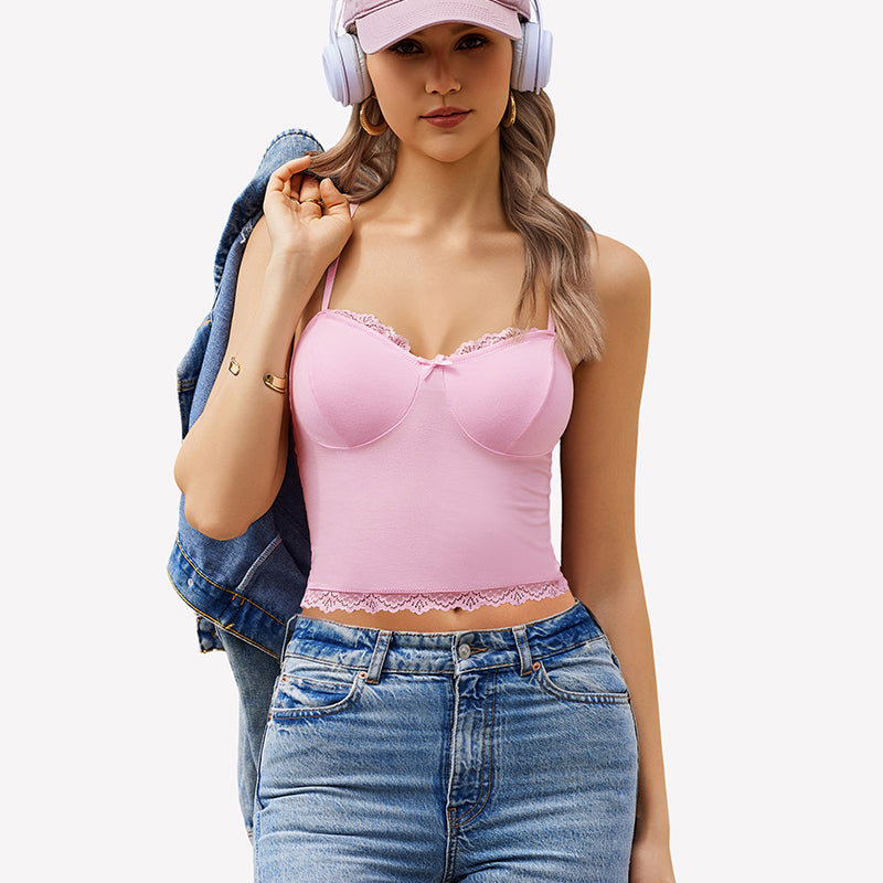 Pink lace cami Y2K top with adjustable straps, lace trim, and "Wellness" cap.
