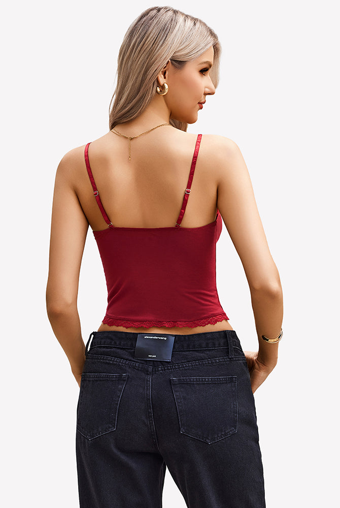 Burgundy lace cami Y2K top with adjustable straps, lace trim, and black jeans. Sexy camisole.