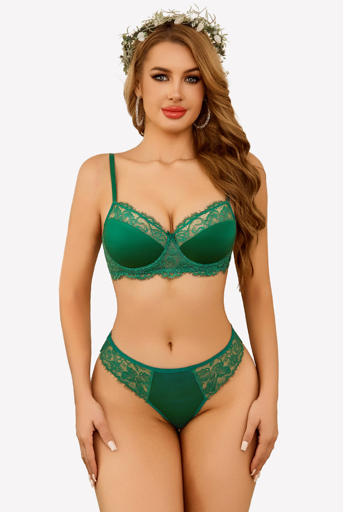 Green floral lace underwire bra and panty set, sexy lingerie for women, Avidlove