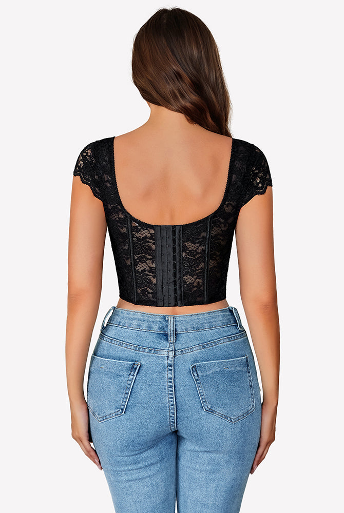 Black lace bustier cap sleeve crop top. Sexy lingerie for women, ideal for nights out.