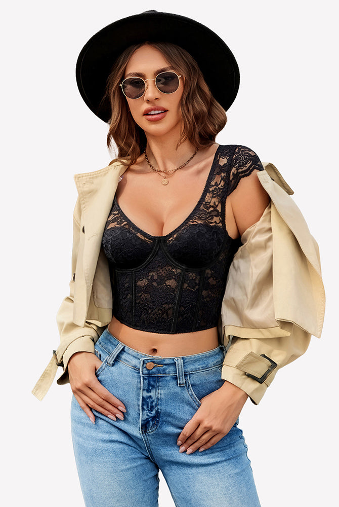 Floral lace bustier crop top in black. Stylish lingerie for women, ideal for nights out.