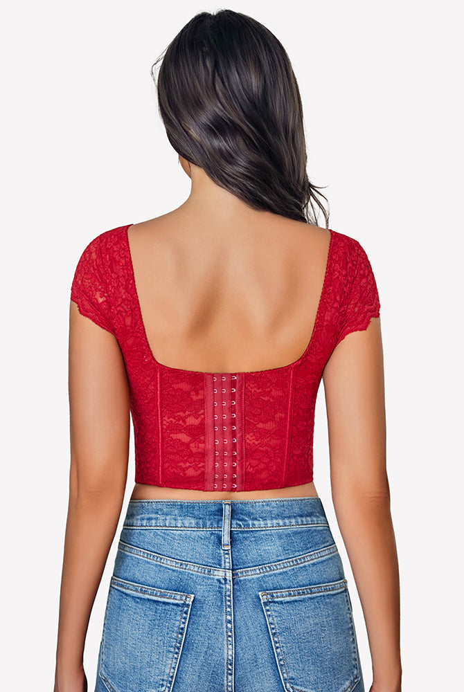 Red floral lace bustier crop top with cap sleeves, back view. Sexy lingerie for women.