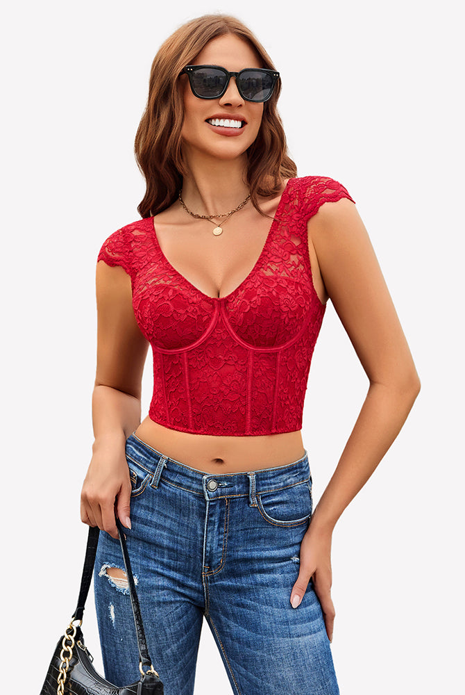 Red floral lace bustier crop top with cap sleeves. Sexy lingerie for women, ideal for nights out.