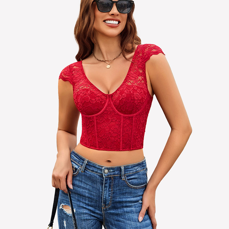 Red floral lace bustier crop top with cap sleeves. Sexy lingerie for women, ideal for nights out.