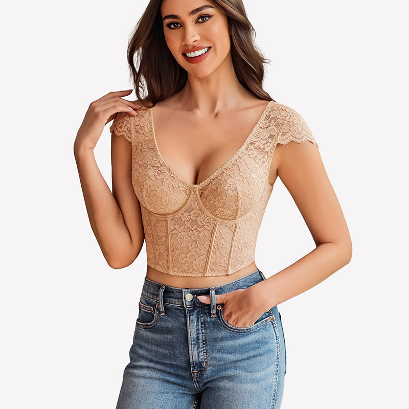 Beige floral lace bustier crop top with cap sleeves and blue jeans. Sexy lingerie.