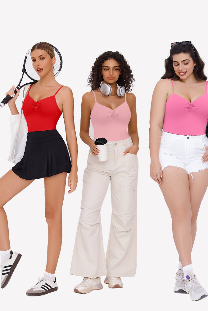 Women's Ruched V Neck Bodysuits in Red, Pink, and Rose, showcasing versatile styling options.