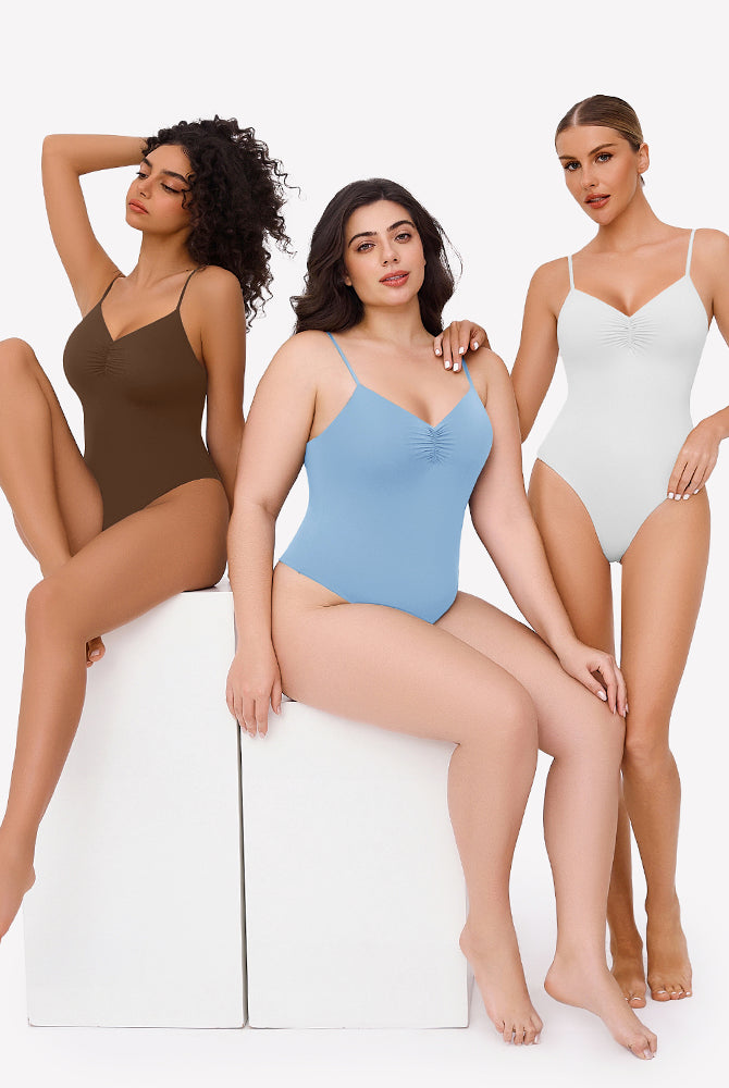 Ruched V-Neck Bodysuits for women in brown, blue, and white. Adjustable straps.