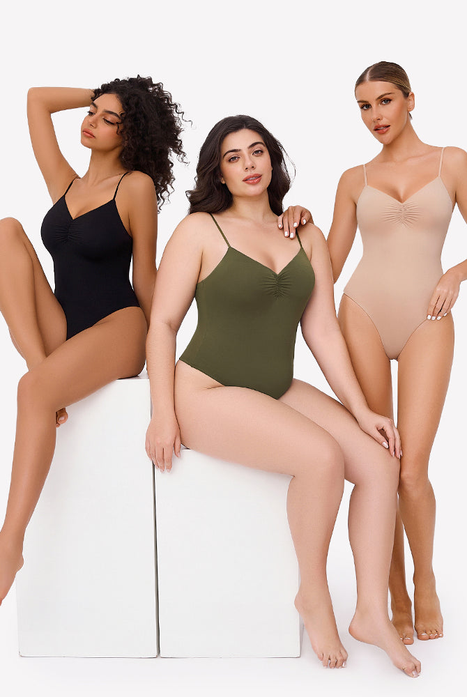 Women's Ruched V Neck Bodysuits with adjustable straps in black, olive, and beige