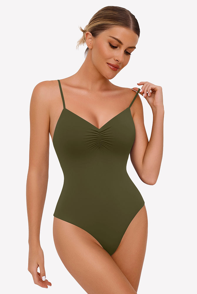 Olive green ruched V-neck thong bodysuit with adjustable straps, perfect for any occasion.