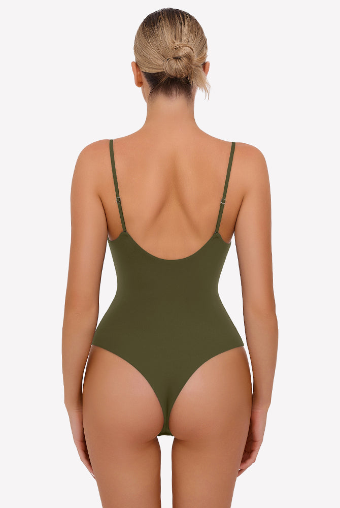 Olive green ruched V-neck thong bodysuit, adjustable straps, back view, for women.