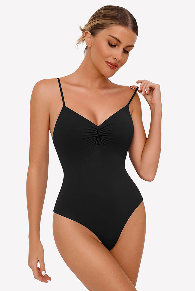 Black Ruched V Neck Thong Bodysuit with Adjustable Straps