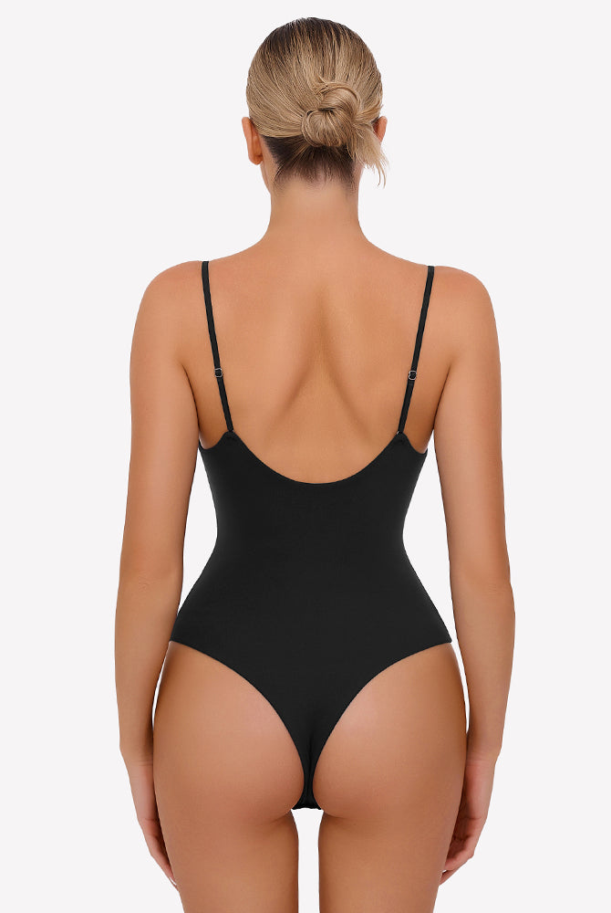 Black ruched V-neck thong bodysuit with adjustable straps, back view