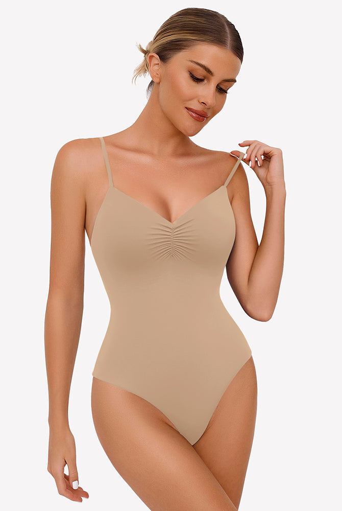 Beige ruched V-neck bodysuit with adjustable straps. Perfect for everyday wear or special occasions.